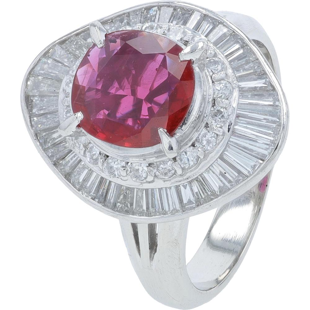 Platinum 1.43 Carat Ruby Center Ring with Diamond Halo - 1.02 Carat Total Diamond Weight