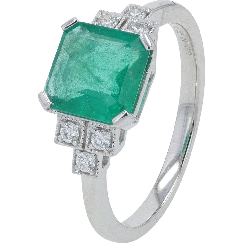Platinum 1.46 Carat Emerald Ring with 0.12 Carats Diamond Accents