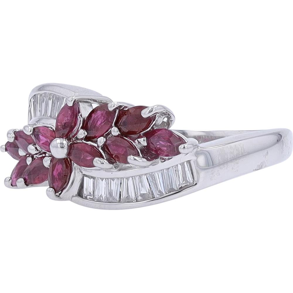 Platinum 1.47 Carat Ruby Ring with Baguette and Round Diamond Accents - 0.38 Carat Total Diamond Weight