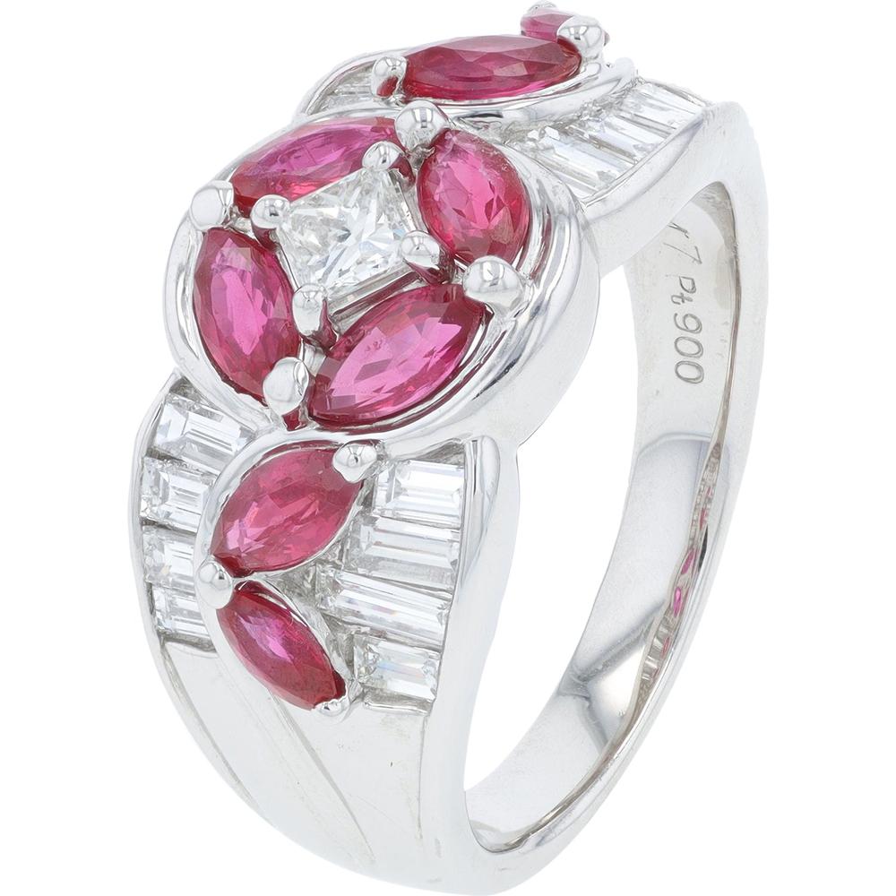 Platinum 1.47 Carat Total Weight Ruby Ring with 1.00 Carat Total Baguette Diamond Accents