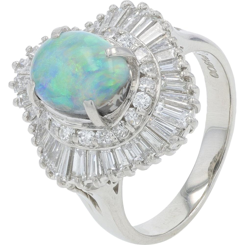 Platinum 1.48 Carat Black Opal Center Ring with 1.12 Carat Diamond Halo