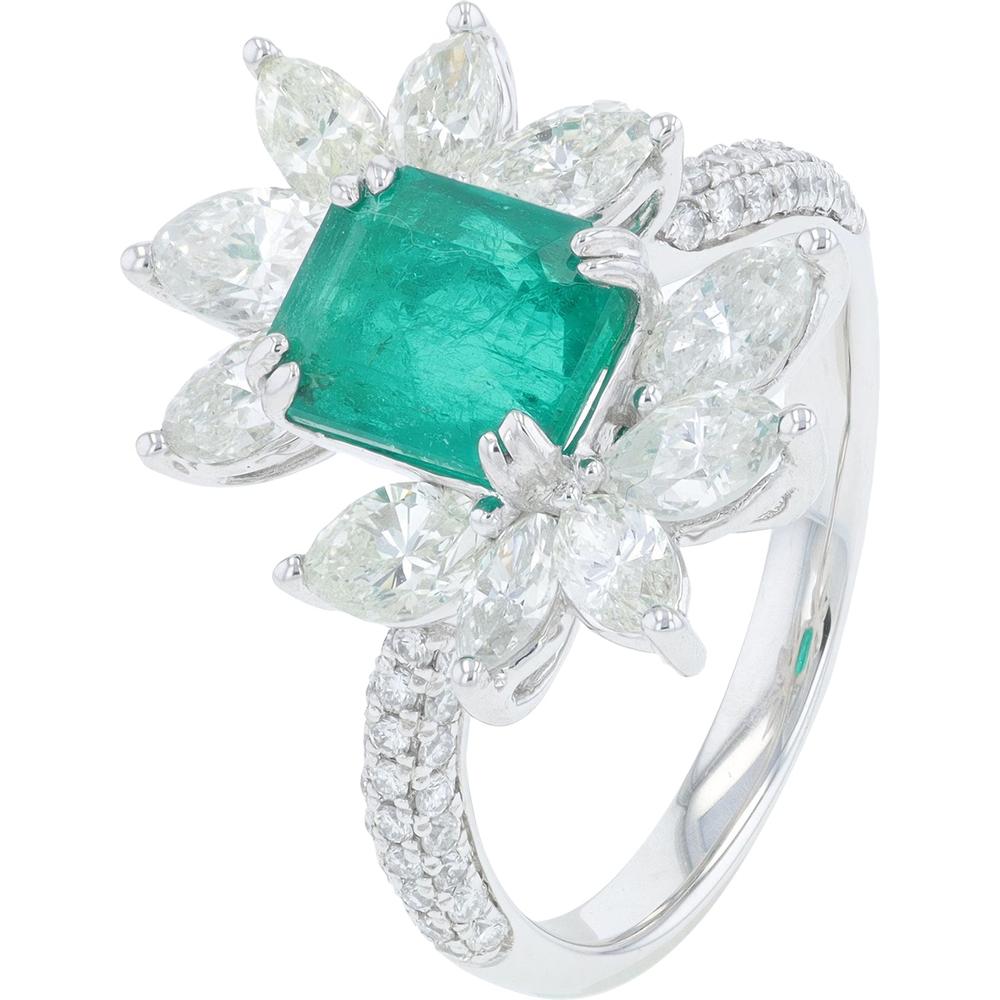 Platinum 1.48 Carat Emerald Center Ring with 1.80 Carats Pear - Shaped Diamond Halo and Pave Diamond Band