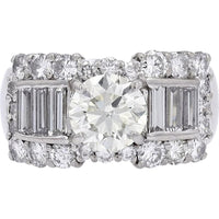 Platinum 1.50 CTR Round Diamond Engagement Ring with Baguette and Halo Diamonds - 3.37 Carat Total Diamond Weight