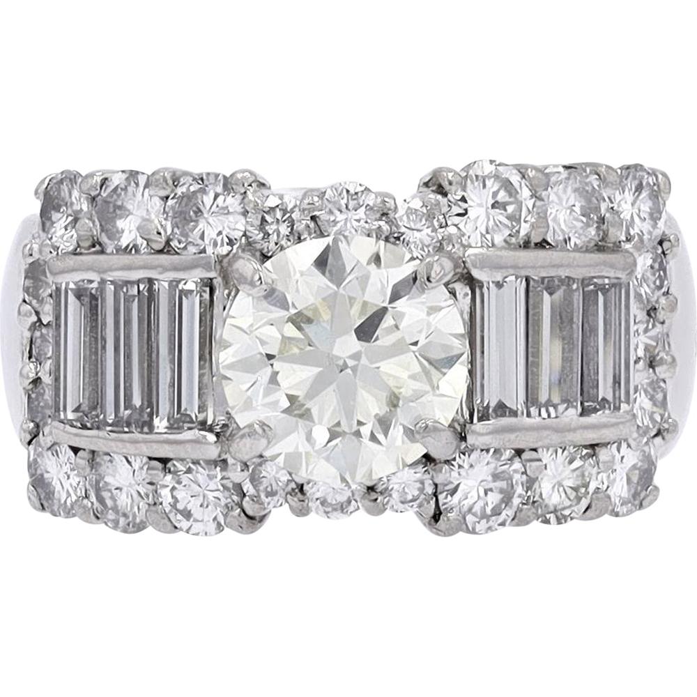 Platinum 1.50 CTR Round Diamond Engagement Ring with Baguette and Halo Diamonds - 3.37 Carat Total Diamond Weight