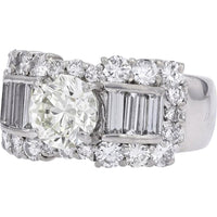 Platinum 1.50 CTR Round Diamond Engagement Ring with Baguette and Halo Diamonds - 3.37 Carat Total Diamond Weight