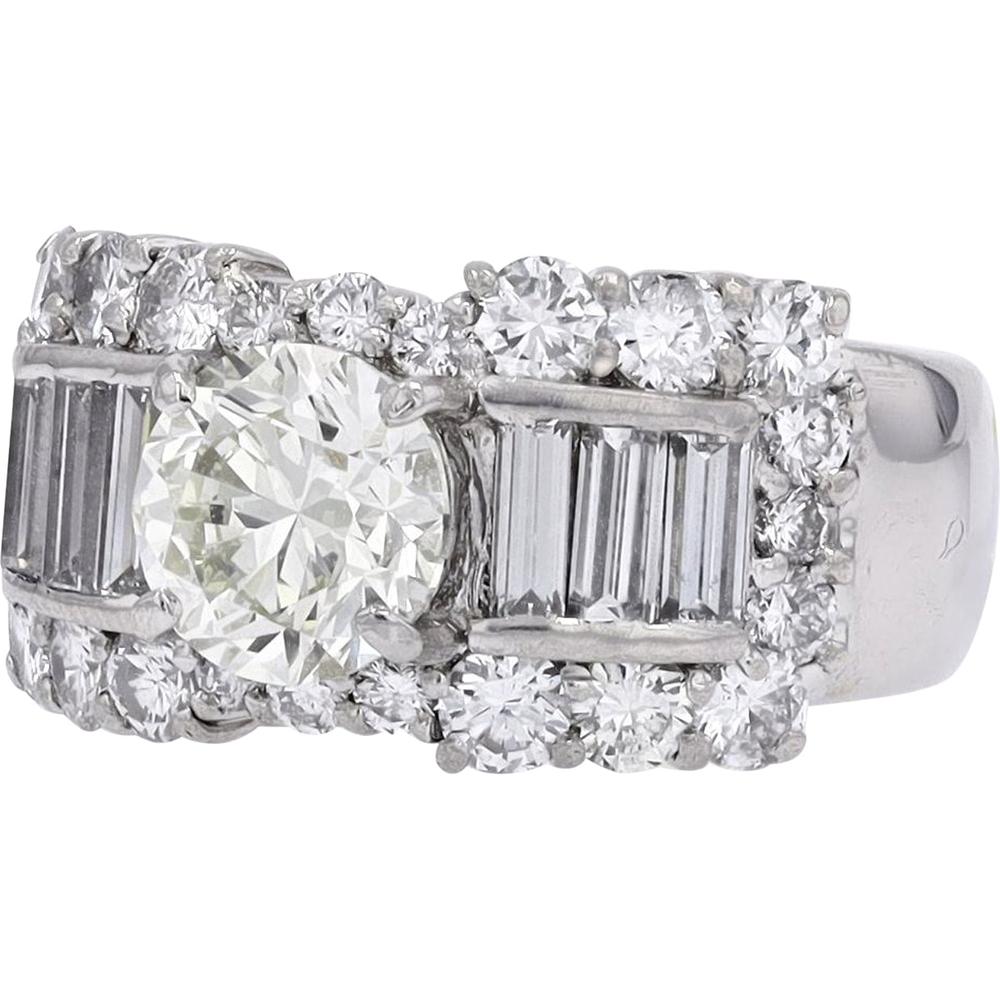 Platinum 1.50 CTR Round Diamond Engagement Ring with Baguette and Halo Diamonds - 3.37 Carat Total Diamond Weight