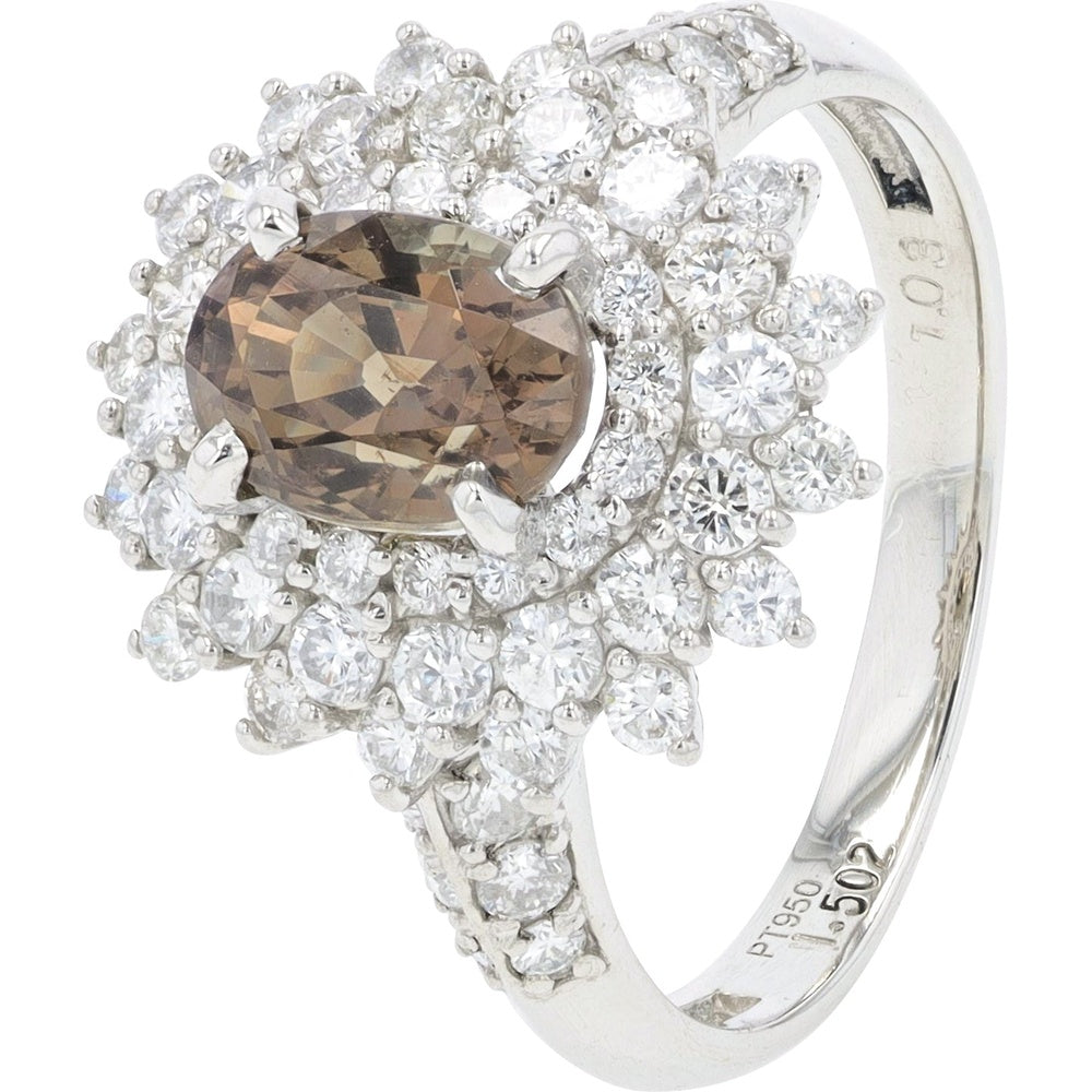 Platinum 1.502 Carat Oval Alexandrite Ring with 1.03 Carat Double Diamond Halo in a Floral Starburst Setting
