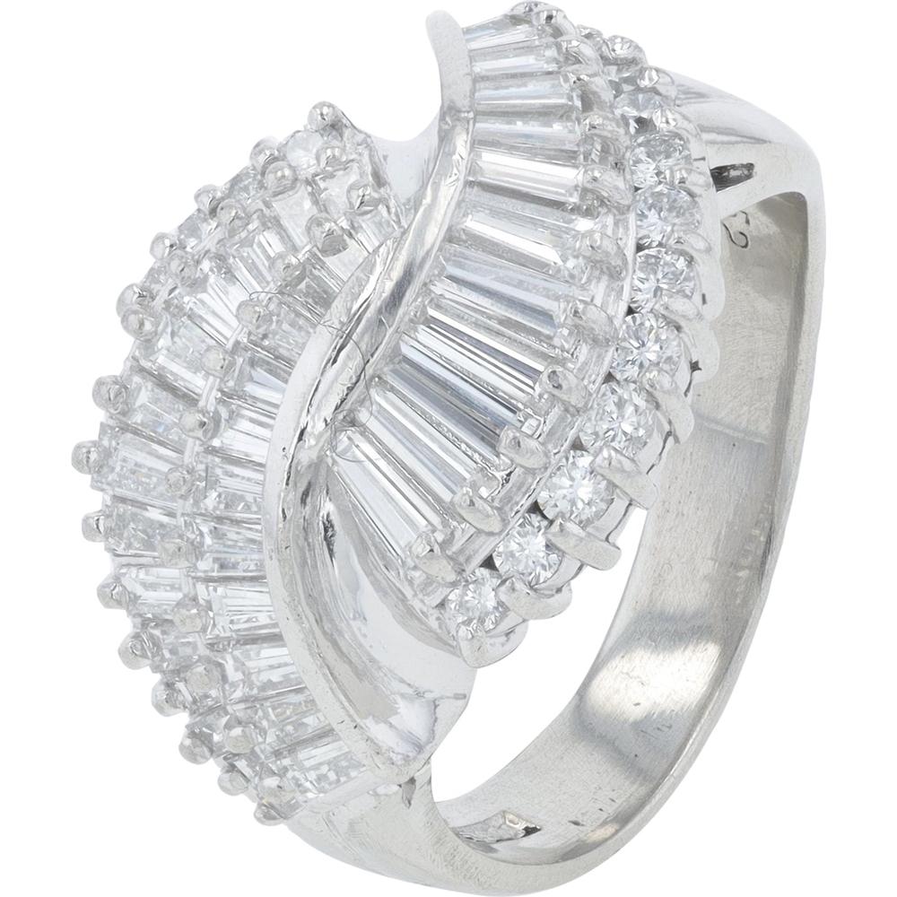 Platinum 1.52 Carat Diamond Bypass Ring with Round Brilliant and Baguette Cut Diamonds