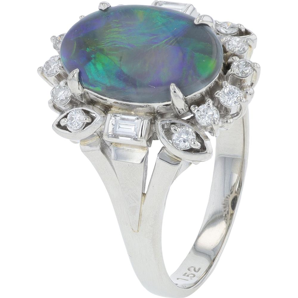 Platinum 1.52 Carat Oval Black Opal Ring with 0.37 Carat Diamond Halo