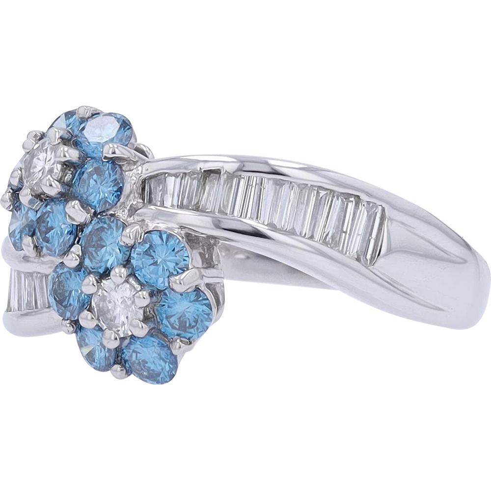 Platinum 1.52 Carat Total Weight Round Diamond Flower Bypass Ring with Baguette Accents