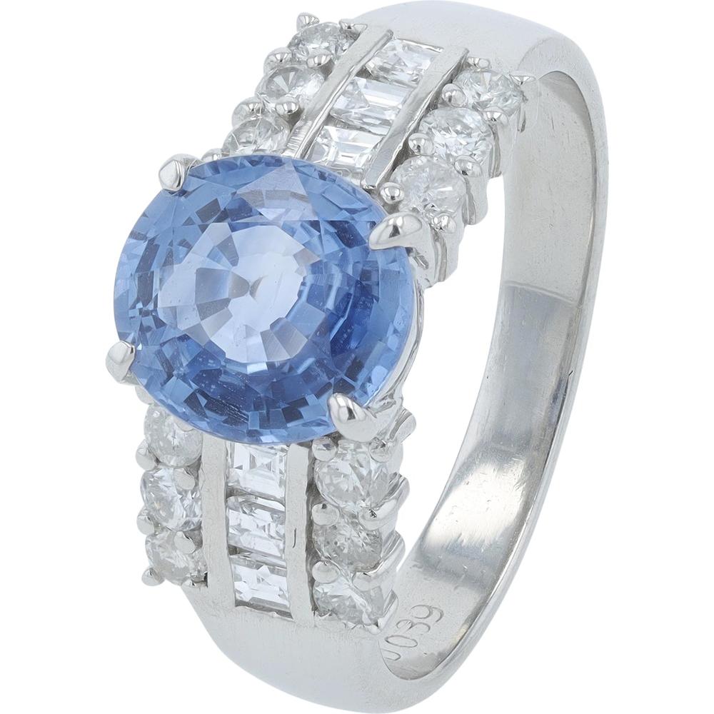 Platinum 1.54 Carat Sapphire Ring with Round and Baguette Diamonds - 0.39 Carat Total Diamond Weight