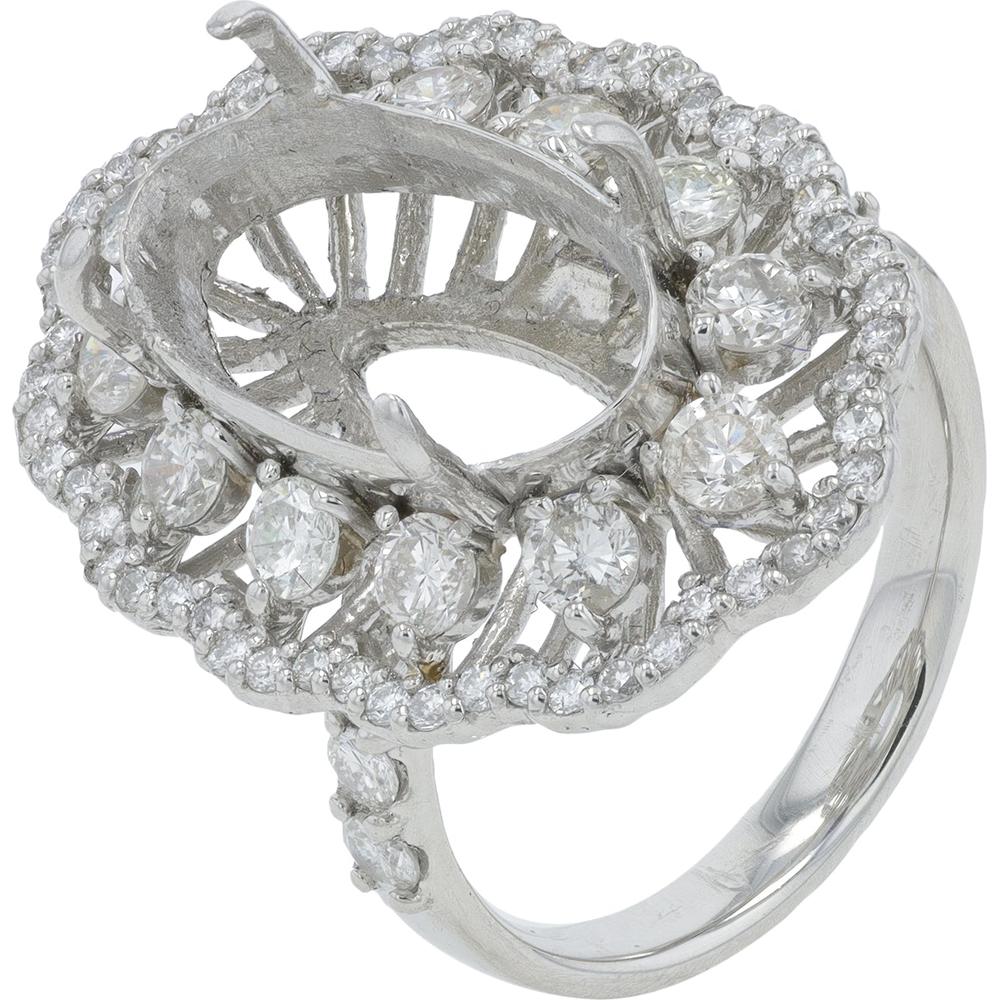 Platinum 1.55 Carat Diamond Semi - Mount Engagement Ring with Oval Halo and Pavé Diamonds