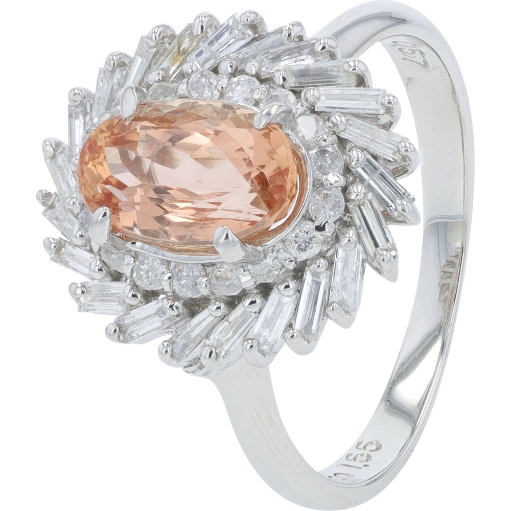Platinum 1.55 Carat Oval Imperial Topaz Ring with Radiant Starburst Diamond Halo - 0.57 Carat Total Diamond Weight