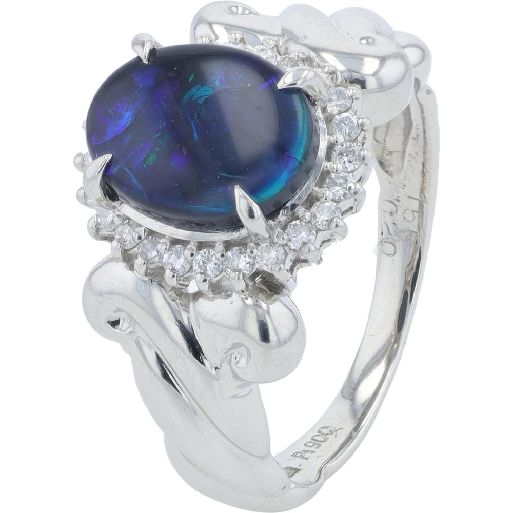 Platinum 1.55 Carats Black Opal Ring with Diamond Halo - 0.20 Carats Total Diamond Weight