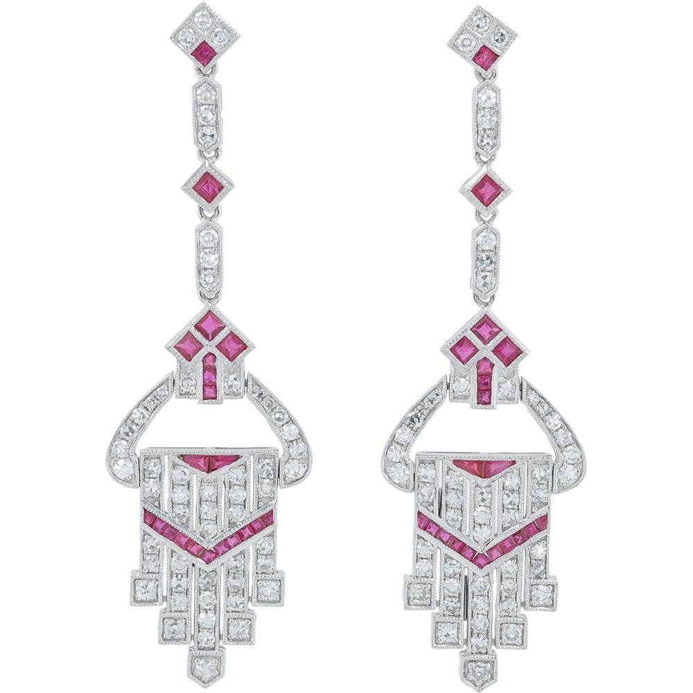 Platinum 1.58 Carat Total Ruby Earrings with 2.12 Carats Diamond Accents