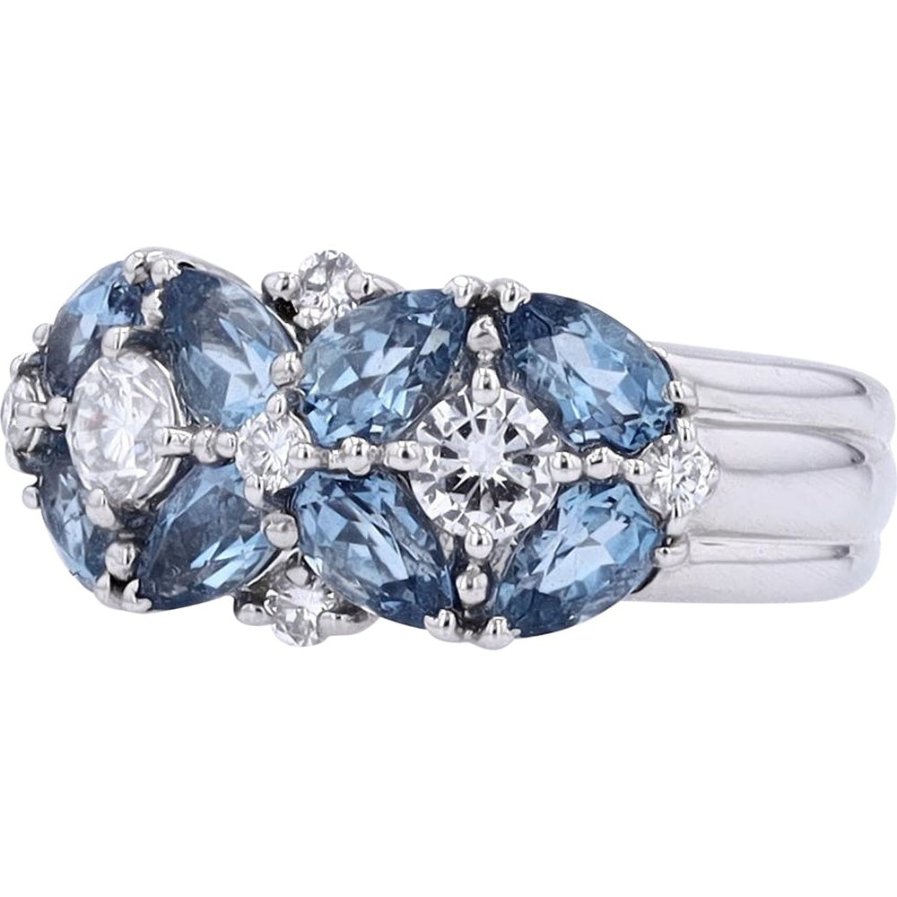Platinum 1.58 Carat Total Weight Aquamarine and 0.47 Carat Diamond Cluster Ring with Vintage Milgrain Detail