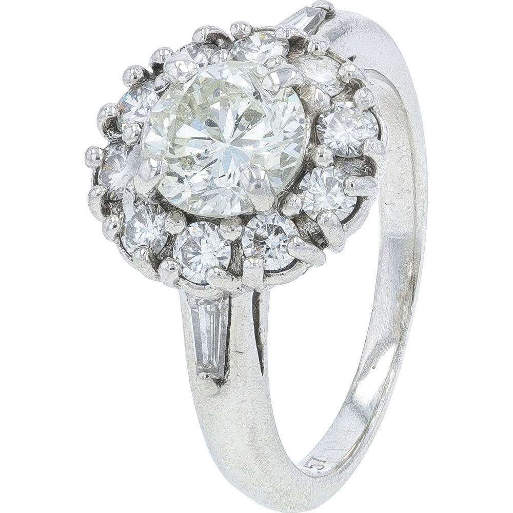 Platinum 1.58 Carat Total Weight Diamond Ring with Round Halo and Baguette Accents - 0.57 Carat Center Stone