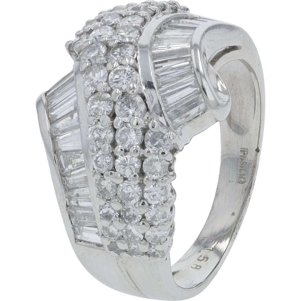 Platinum 1.58 Carat Total Weight Diamond Ring with Swirling Round and Baguette Diamond Cluster - Size 5.25