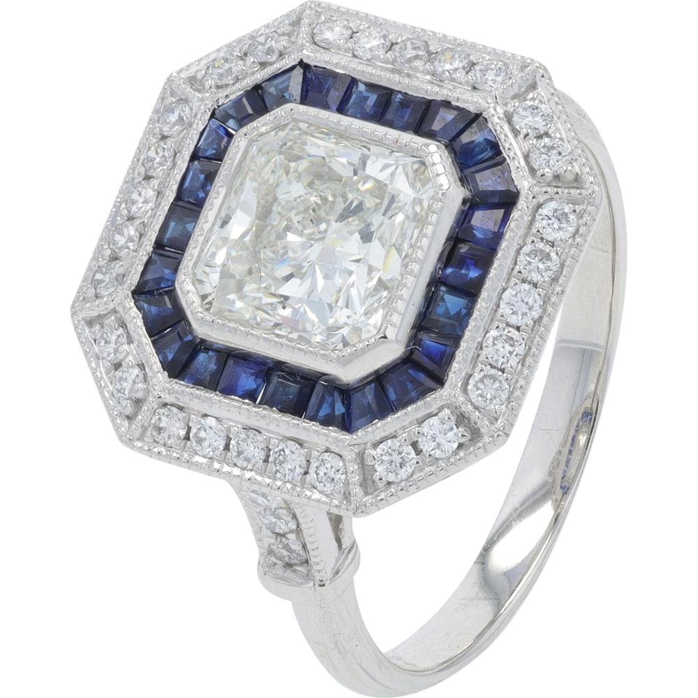 Platinum 1.60 Carat Radiant Cut Sapphire Ring with 1.86 Carat Diamond Halo - Platinum 950