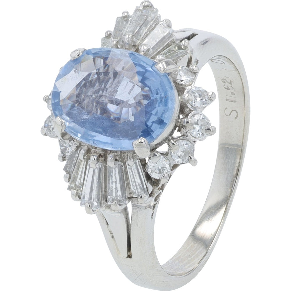 Platinum 1.62 Carat Oval No Heat Ceylon Sapphire Ring with Baguette and Round Diamond Cluster Halo - 0.57 Carat Total Diamond Weight
