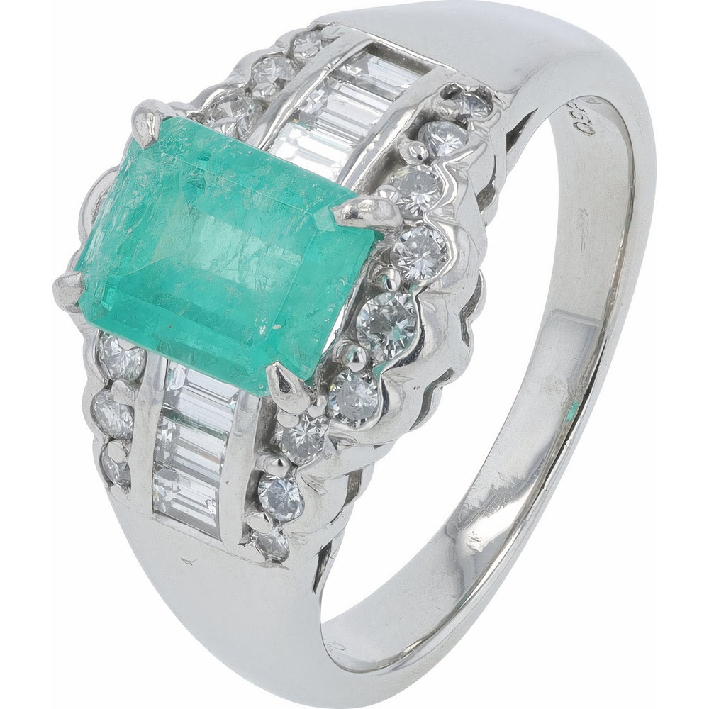 Platinum 1.63 Carat Emerald Ring with Baguette and Round Diamond Accents - 0.66 Total Diamond Weight