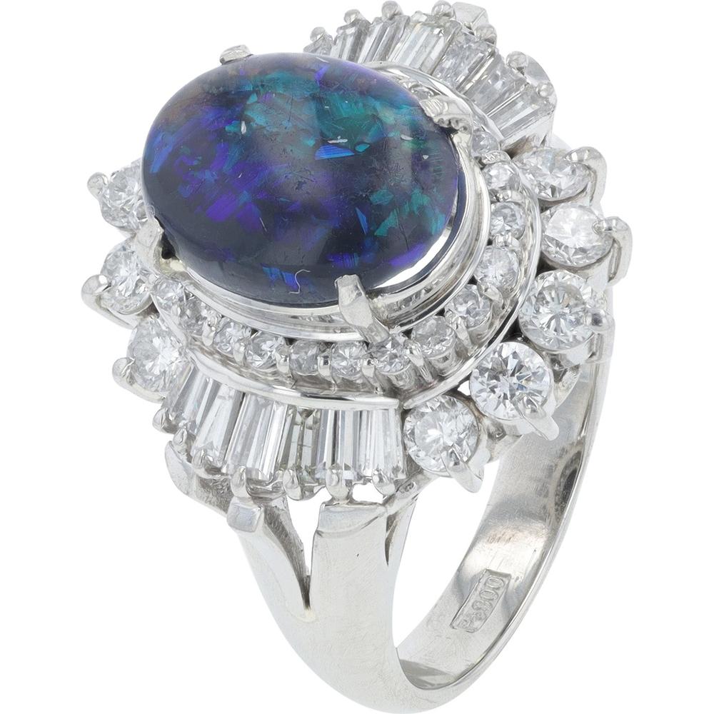 Platinum 1.63 Carats Black Opal Ring with 1.187 Carats Diamonds - Elegant Diamond Halo Design
