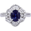 Platinum 1.653 Carat Oval Sapphire Ring with 0.58 Carat Baguette Diamond Halo