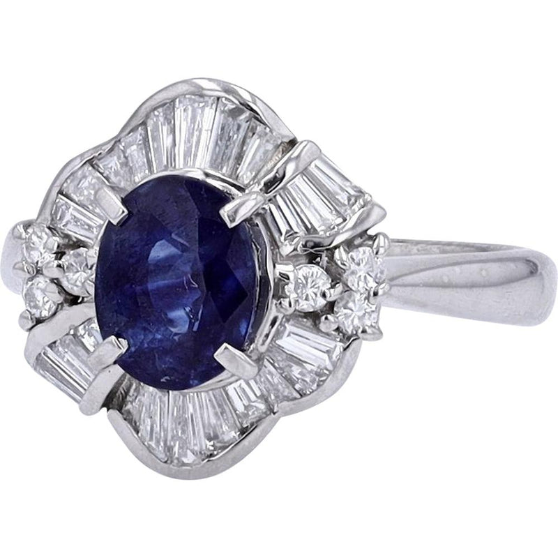 Platinum 1.653 Carat Oval Sapphire Ring with 0.58 Carat Baguette Diamond Halo