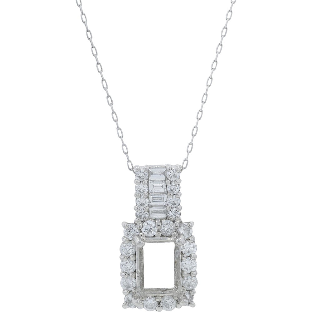 Platinum 1.66 Carat Total Weight Diamond Semi-Mount Pendant with Baguette and Round Halo and 18-Inch Adjustable Bolo Chain