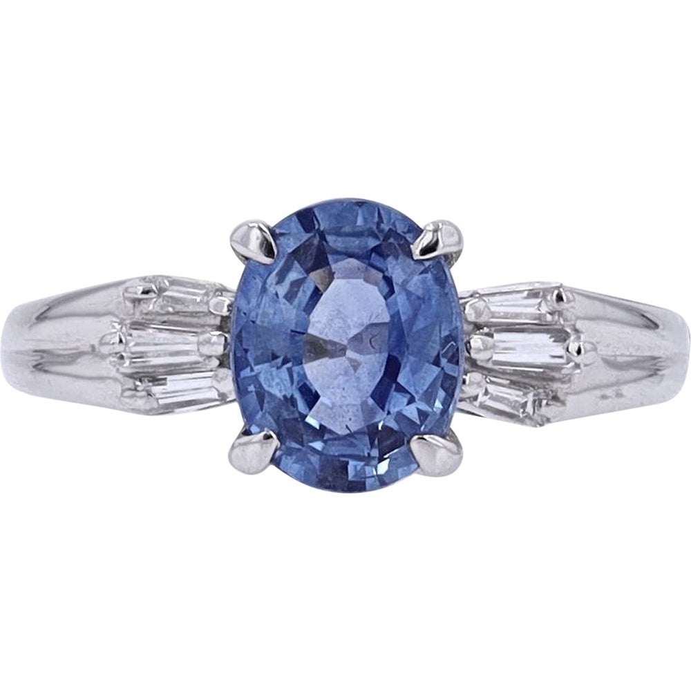 Platinum 1.69 Carat Oval Sri Lanka Sapphire Ring with Baguette Diamond Accents - GIA Certified