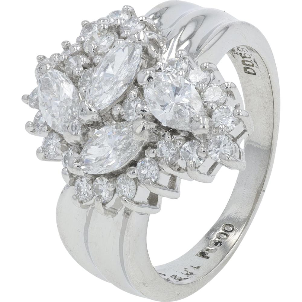 Platinum 1.703 Carat Total Weight Diamond Cluster Ring with Marquise and Round Diamonds