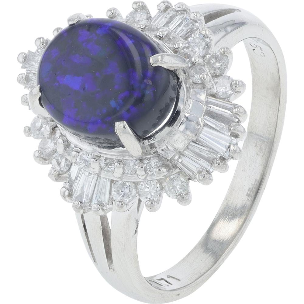 Platinum 1.71 Carat Black Opal Center Ring with 0.53 Carat Diamond Halo in Platinum