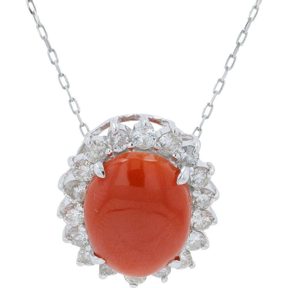 Platinum 1.71 Carat Cabochon Coral Halo Pendant with Round Diamonds on 18 Inch Chain