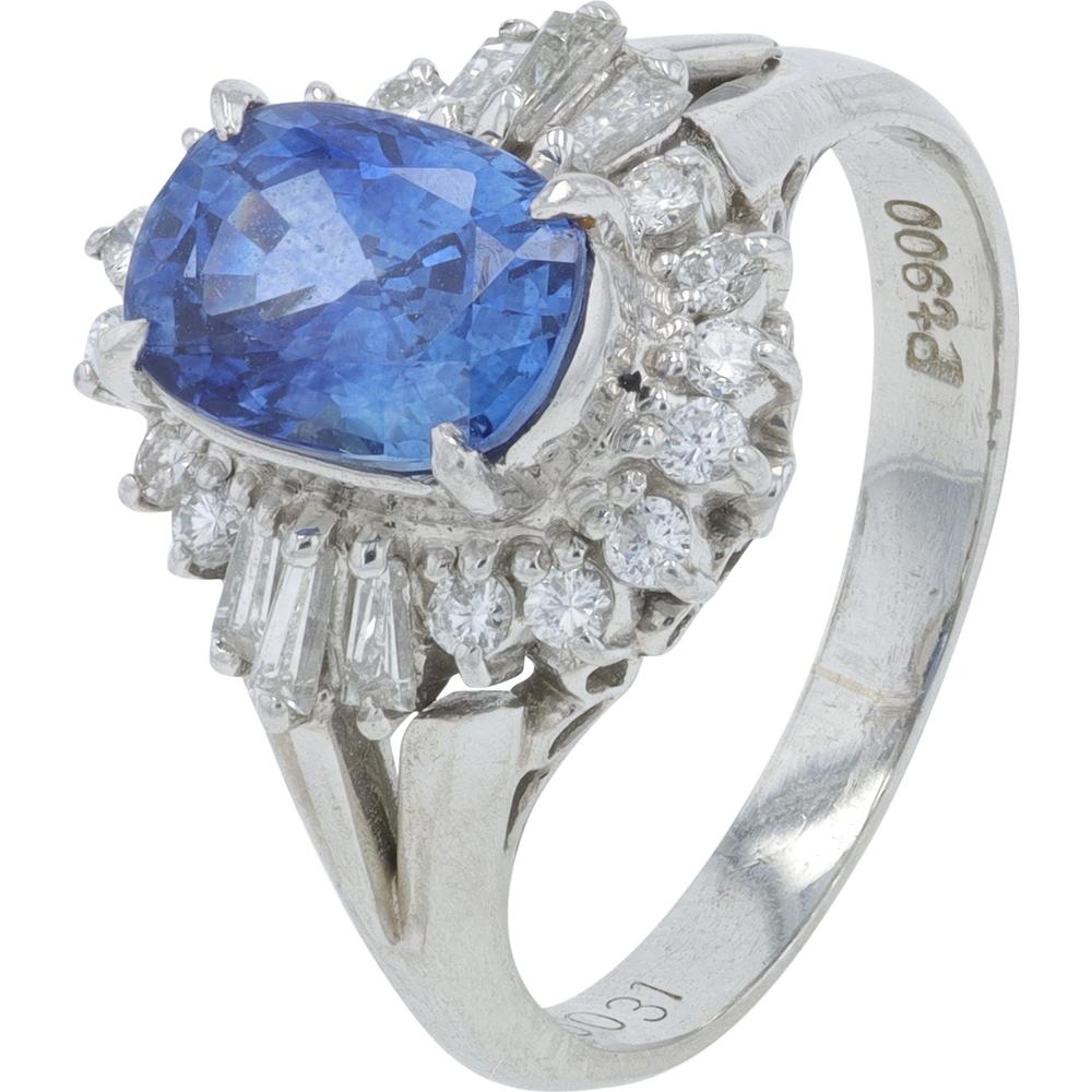 Platinum 1.71 Carat Total Weight Cushion Cut Sapphire Ring with 0.31 Carat Total Diamond Halo