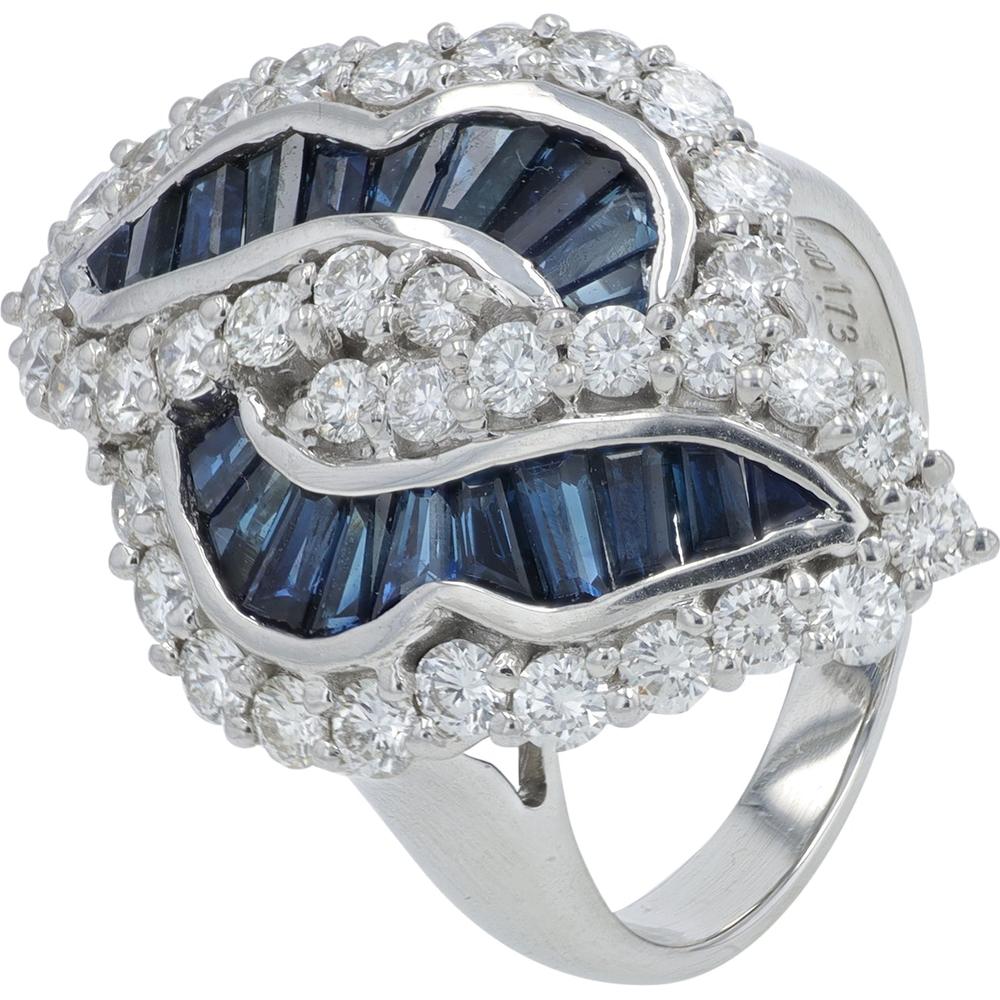 Platinum 1.72 Carat Total Weight Baguette Sapphire Ring with 1.21 Carat Round Diamond Halo