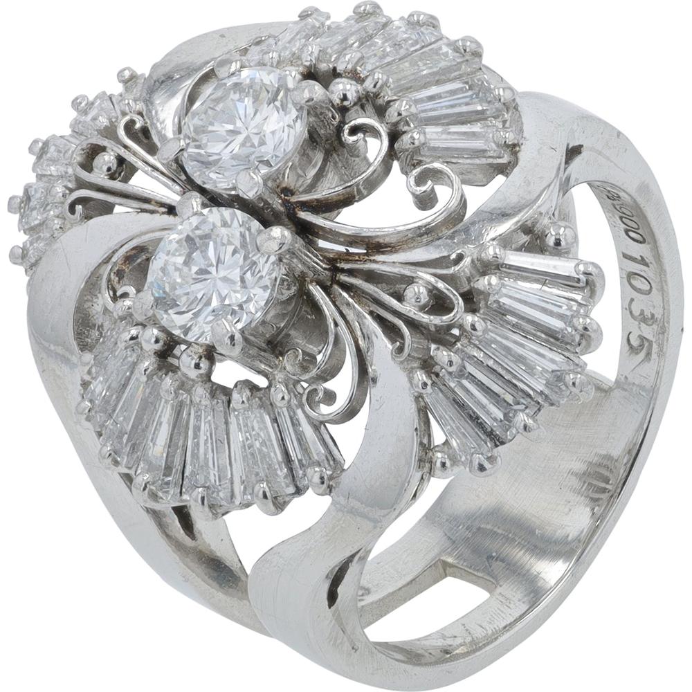 Platinum 1.755 Carat Total Weight Diamond Ring with 0.35 & 0.37 Carat Round and Baguette Diamonds