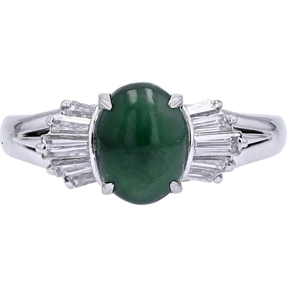 Platinum 1.80 Carat Oval Jade Ring with Diamond Accents - 0.37 Carat Total Diamond Weight