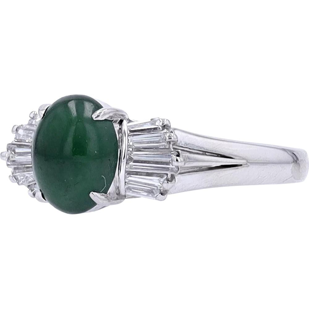 Platinum 1.80 Carat Oval Jade Ring with Diamond Accents - 0.37 Carat Total Diamond Weight