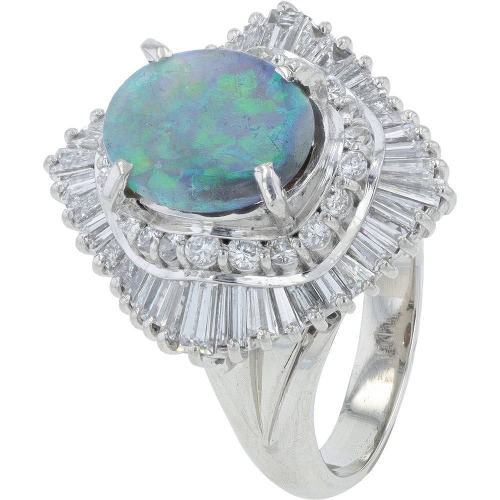 Platinum 1.83 Carat Black Opal Cocktail Ring with Baguette and Round Diamond Halo - 1.48 Carat Total Diamond Weight