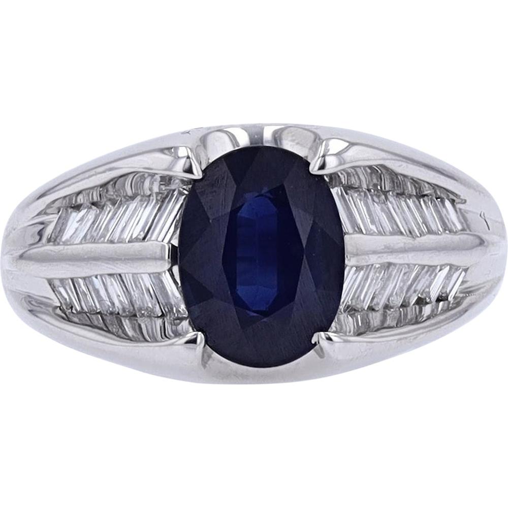 Platinum 1.87 Carat Oval Sapphire Ring with Baguette Diamond Accents - 0.41 Carat Total Diamond Weight