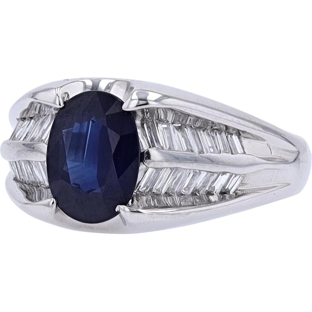 Platinum 1.87 Carat Oval Sapphire Ring with Baguette Diamond Accents - 0.41 Carat Total Diamond Weight
