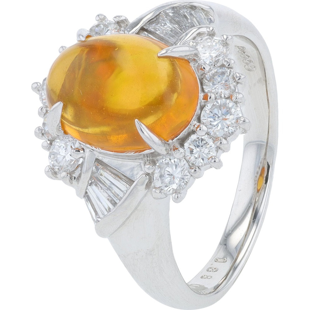 Platinum 1.88 Carat Cabochon Opal Ring with 0.77 Carat Diamond Halo and Baguette Accents - Size 7