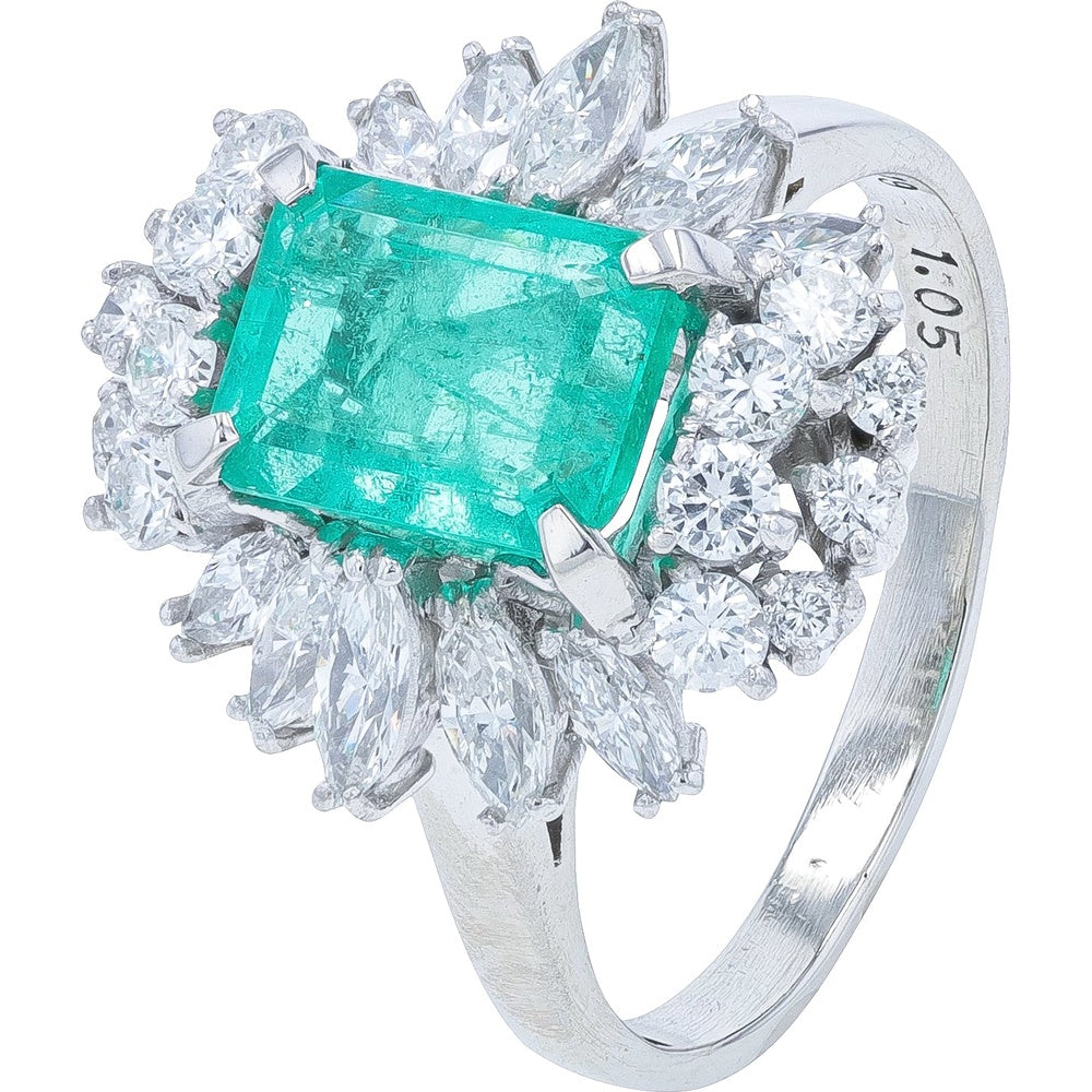 Platinum 1.92 Carat Colombian Emerald Halo Ring with Marquise and Round Diamond Accents - 1.05 Carat Total Diamond Weight