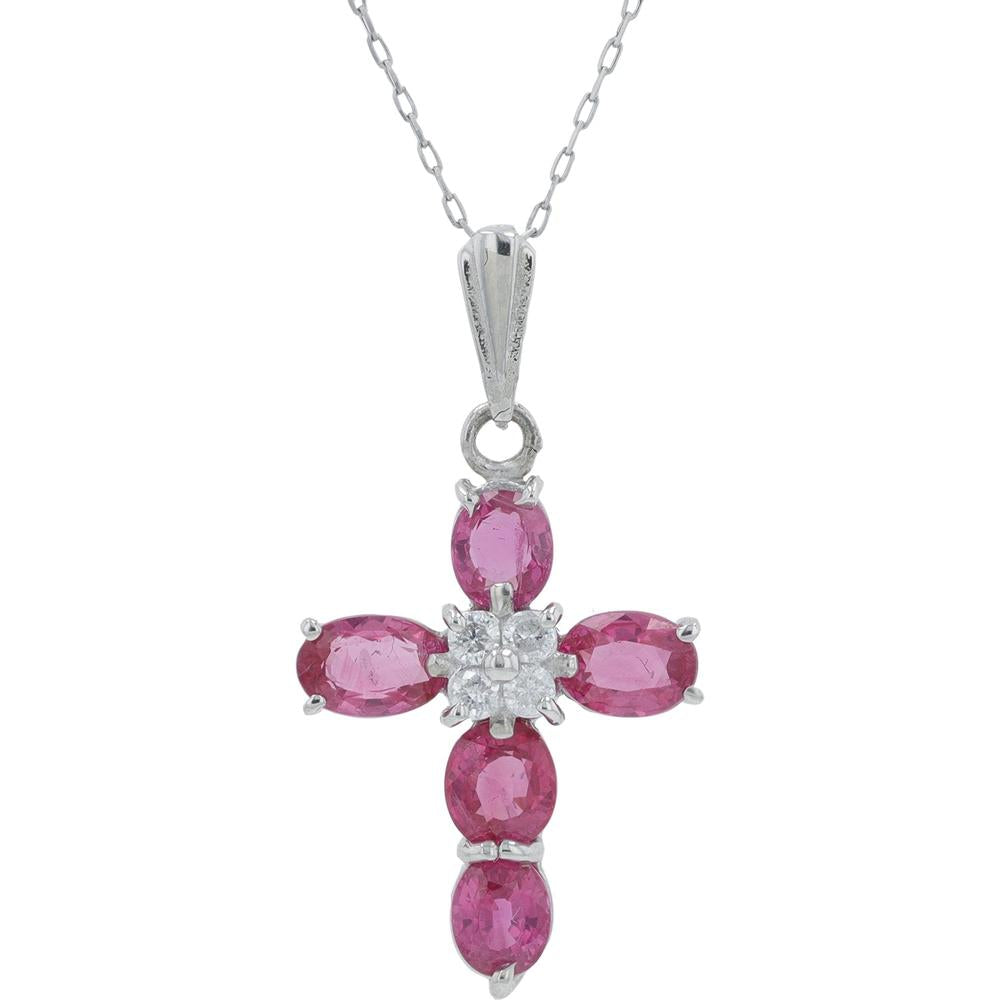 Platinum 1.92 Carat Oval Spinel Cross Pendant with 0.10 Carat Diamond Accents - 18" Chain