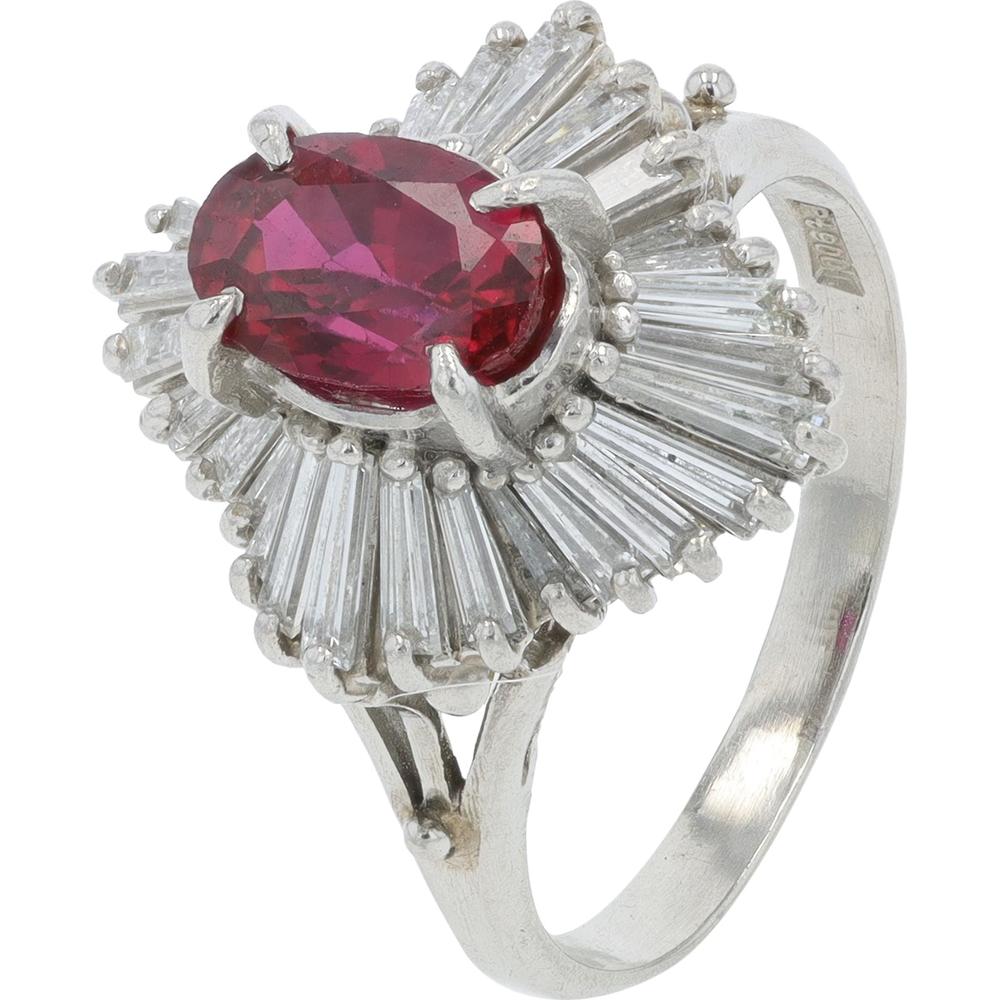 Platinum 1.95 Carat Oval Ruby Ring with 0.82 Carat Baguette Diamond Halo