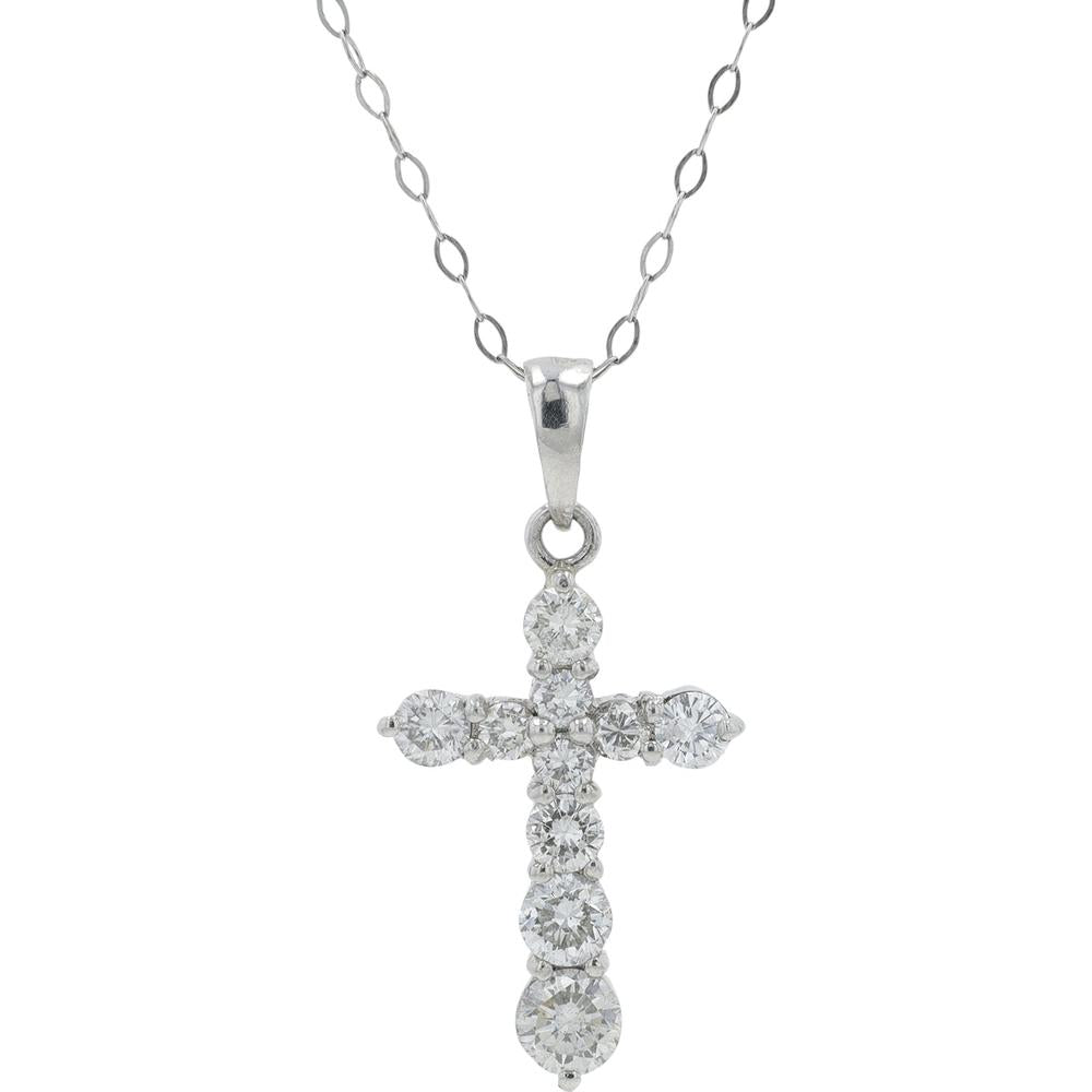 Platinum 1 Carat Total Weight Diamond Cross Pendant with Prong Set Round Diamonds - 18" Chain