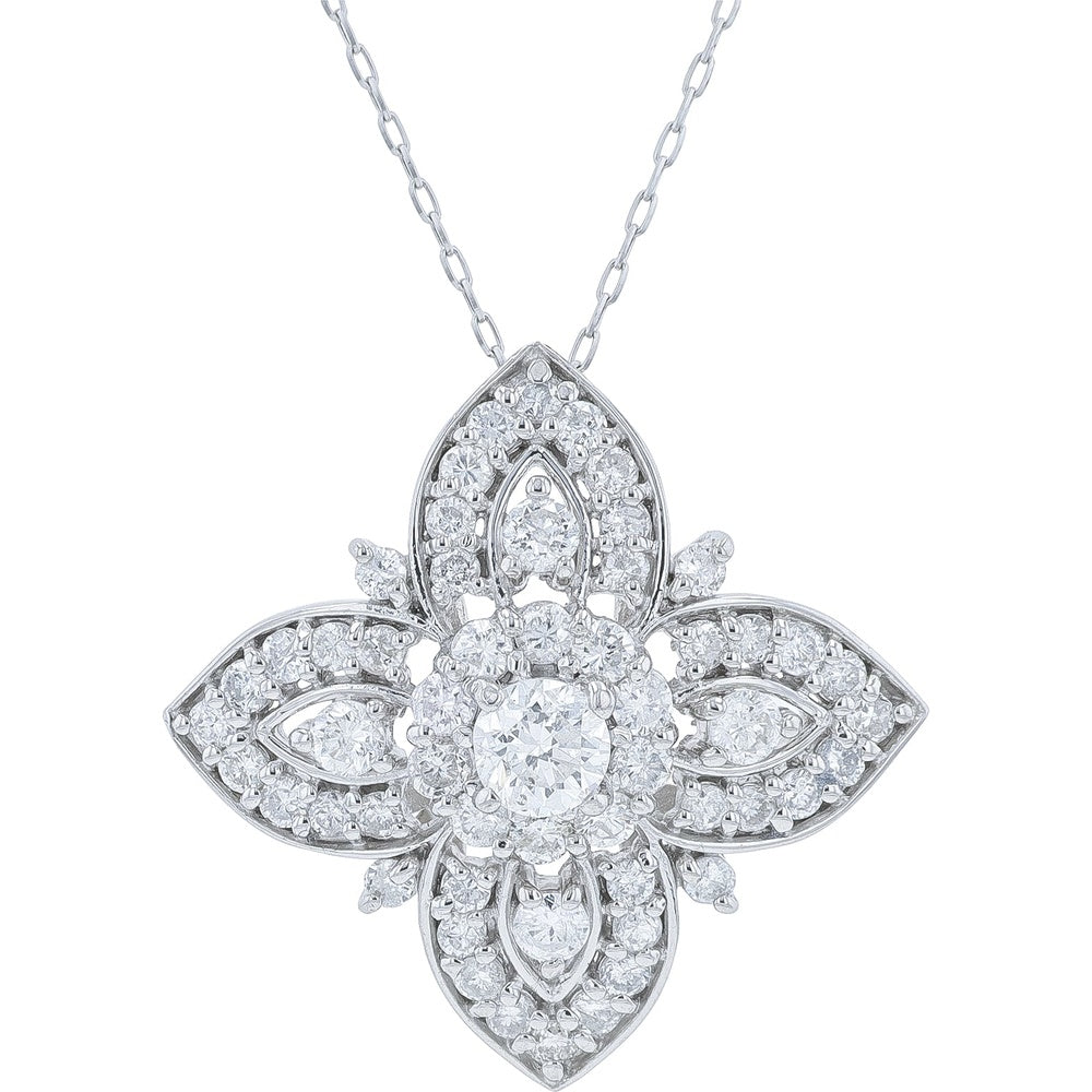 Platinum 1 Carat Total Weight Diamond Pendant with Milgrain Detail and Floral Halo Design - 18 Inch Chain