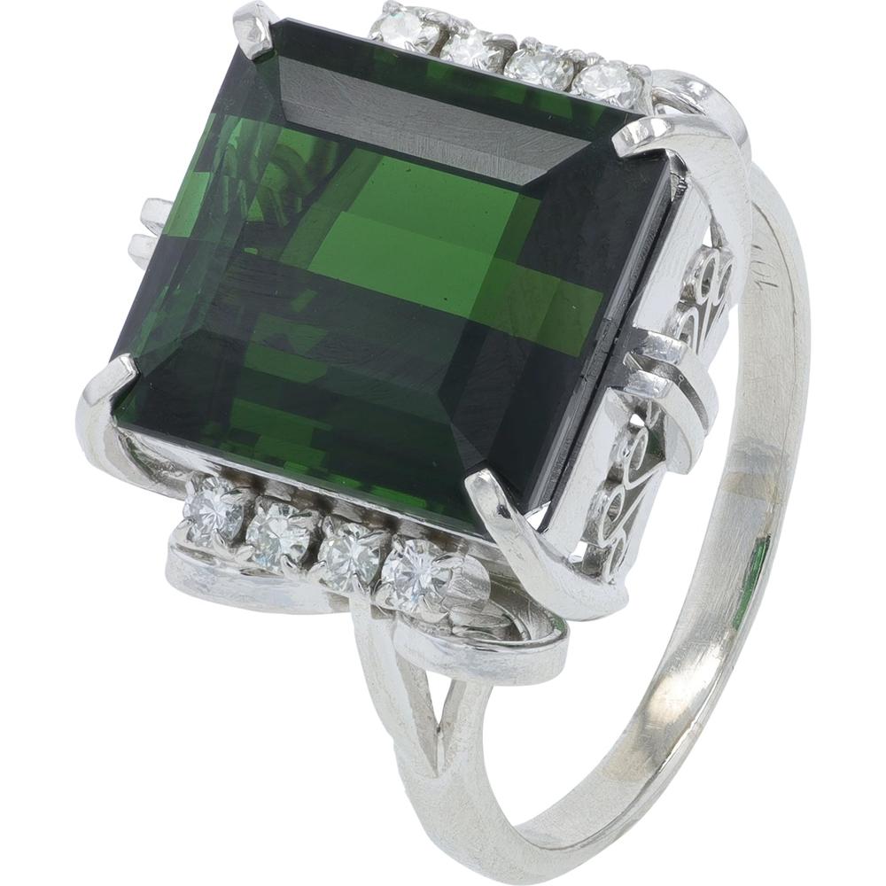 Platinum 10.11 Carat Green Tourmaline Ring with Diamond Accents - 0.20 Carat Total Diamond Weight