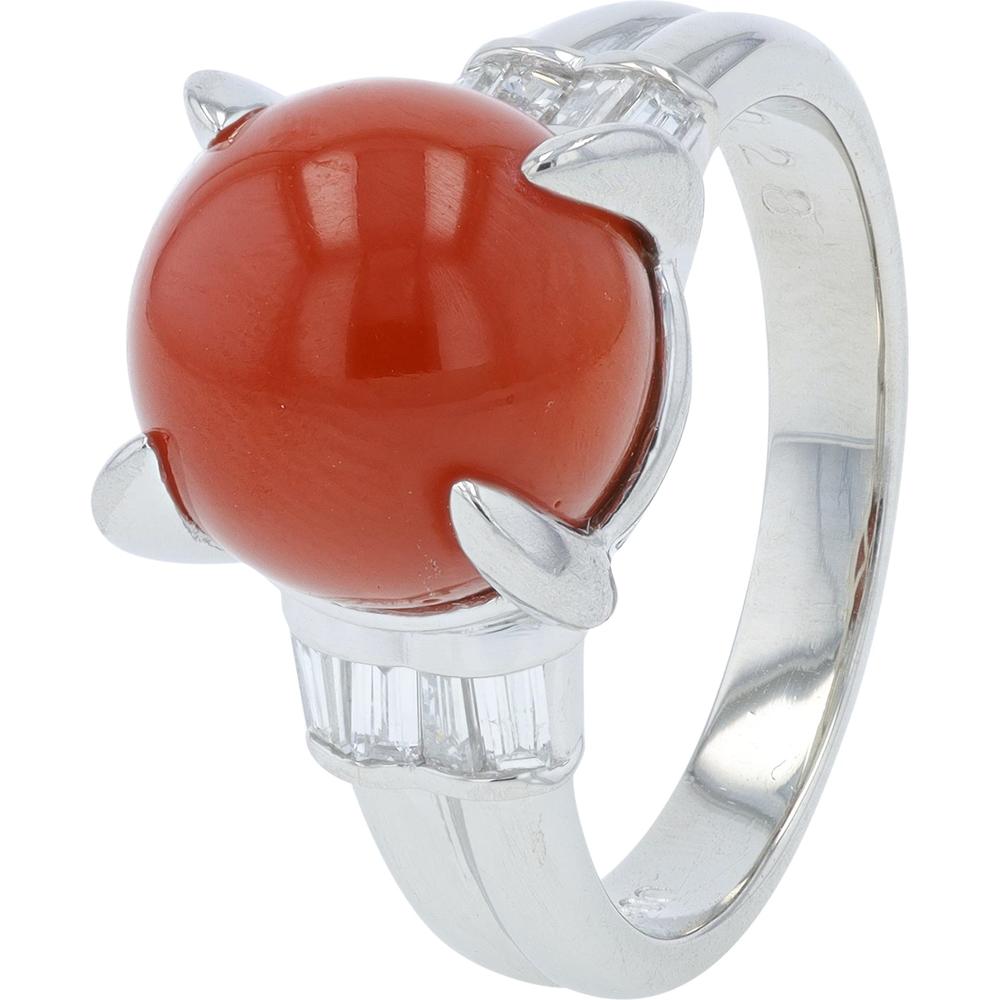 Platinum 10.2mm Coral Ring with 0.28 Carat Baguette Diamonds