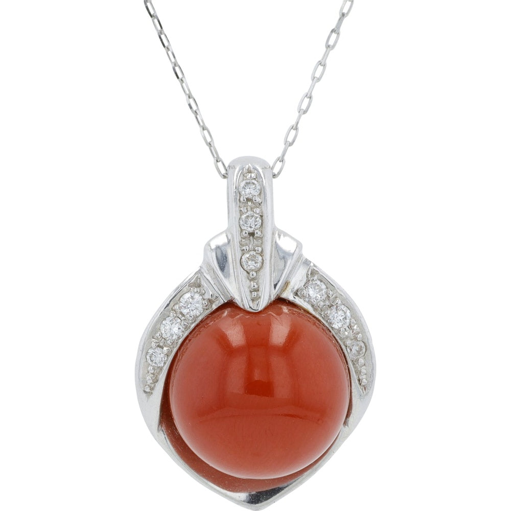 Platinum 10.3mm Cabochon Coral Pendant with 0.09 Carat Round Brilliant Diamond Accents